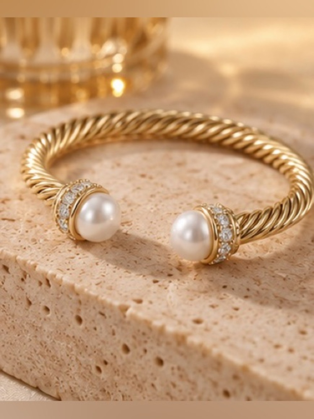 Gold Tone Twisted Cuff Bracelet Pearl Rhinestone Open Bangle Statement Jewelry